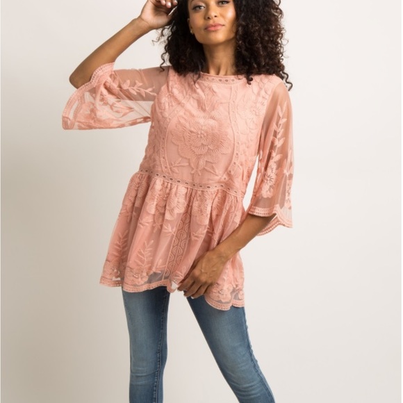 Pink Scalloped Embroidered Mesh Top NWT - Picture 4 of 4